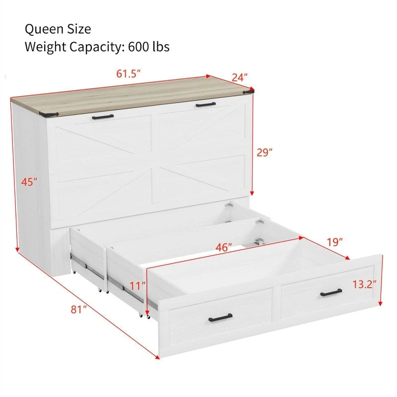 Farmhouse Murphy Bed Wall Bed with a Large Drawer, Full/Queen Size Foldable Murphy Cabinet Bed with Charging Station
