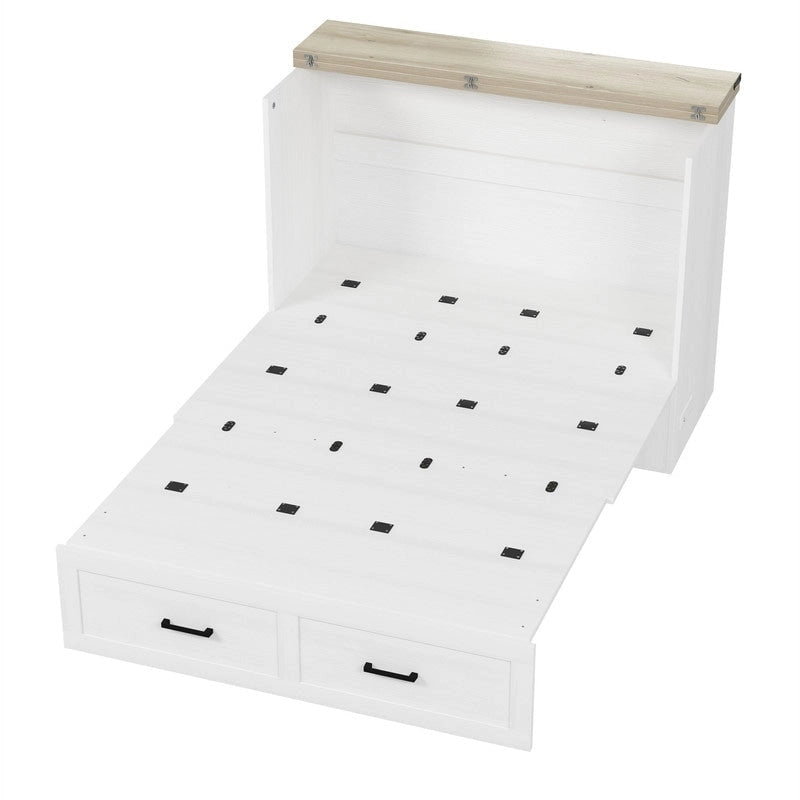 Farmhouse Murphy Bed Wall Bed with a Large Drawer, Full/Queen Size Foldable Murphy Cabinet Bed with Charging Station