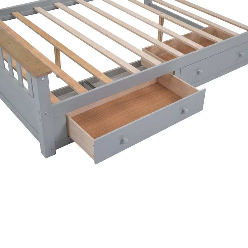 Grey Queen Platform Bed in Natural Pine with Drawers and Wooden Headboard