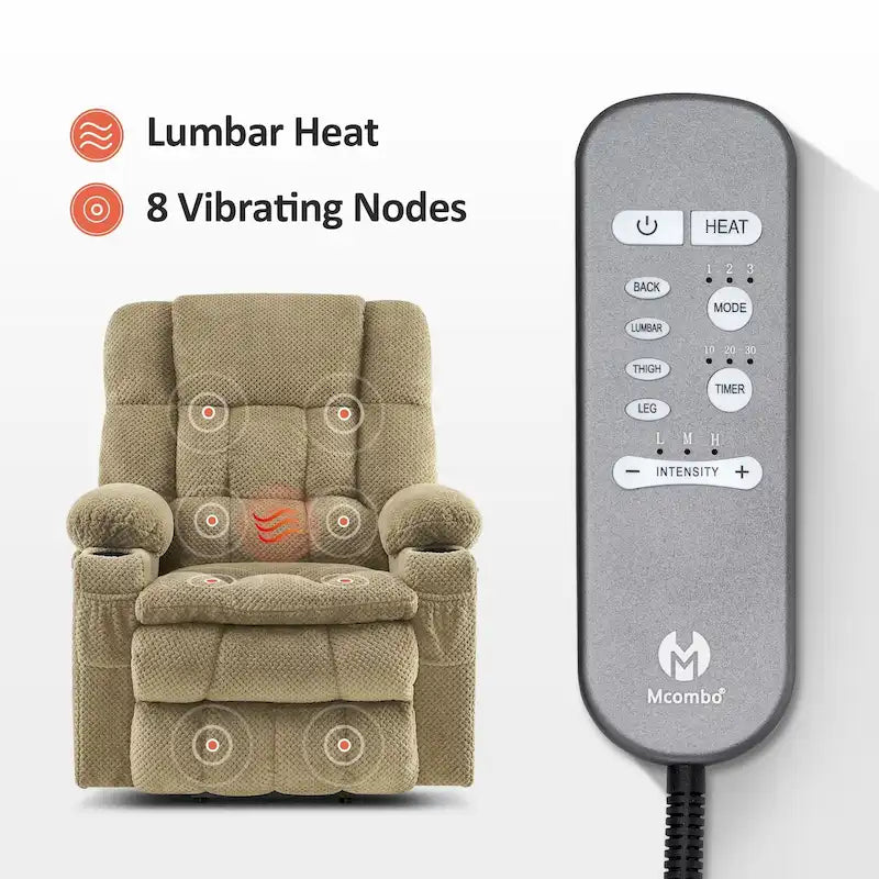 MCombo Medium Dual Motor Power Lift Recliner Chair Infinite Position, Massage and Heat, Extended Footrest, Fabric 7890