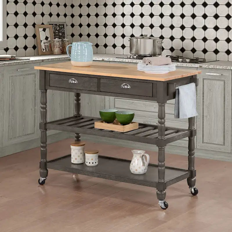 French Country 3 Tier Butcher Block Kitchen Cart with Drawers