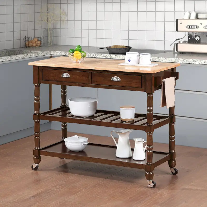 French Country 3 Tier Butcher Block Kitchen Cart with Drawers