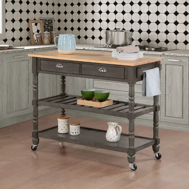 French Country 3 Tier Butcher Block Kitchen Cart with Drawers