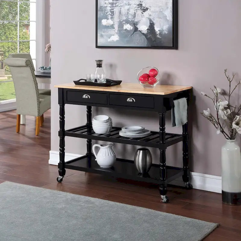 French Country 3 Tier Butcher Block Kitchen Cart with Drawers