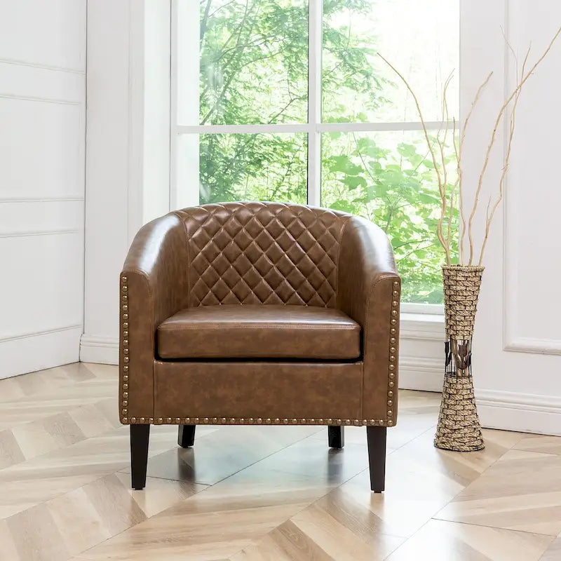 KINWELL PU Leather Tufted Barrel Chair Club Armchair with Nailheads