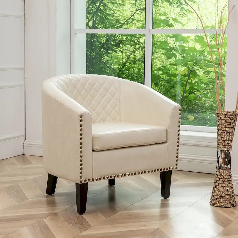 KINWELL PU Leather Tufted Barrel Chair Club Armchair with Nailheads