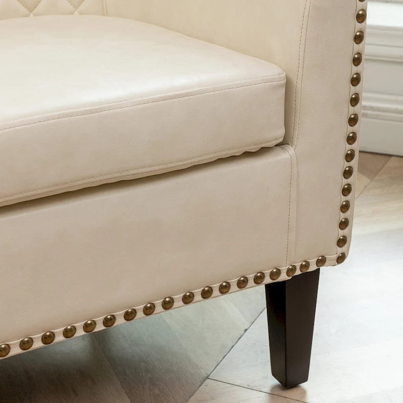 KINWELL PU Leather Tufted Barrel Chair Club Armchair with Nailheads