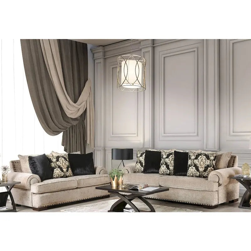 Jula Traditional Linen 2-Piece Sofa Set – Rolled Arms, Nailhead Trim, Beige or Brown