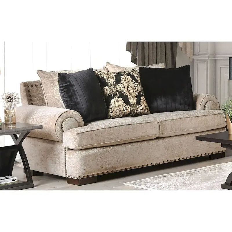 Jula Traditional Linen 2-Piece Sofa Set – Rolled Arms, Nailhead Trim, Beige or Brown