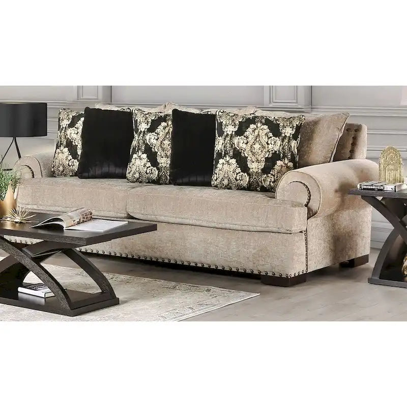 Jula Traditional Linen 2-Piece Sofa Set – Rolled Arms, Nailhead Trim, Beige or Brown