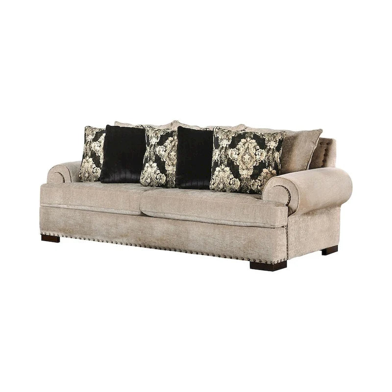 Jula Traditional Linen 2-Piece Sofa Set – Rolled Arms, Nailhead Trim, Beige or Brown