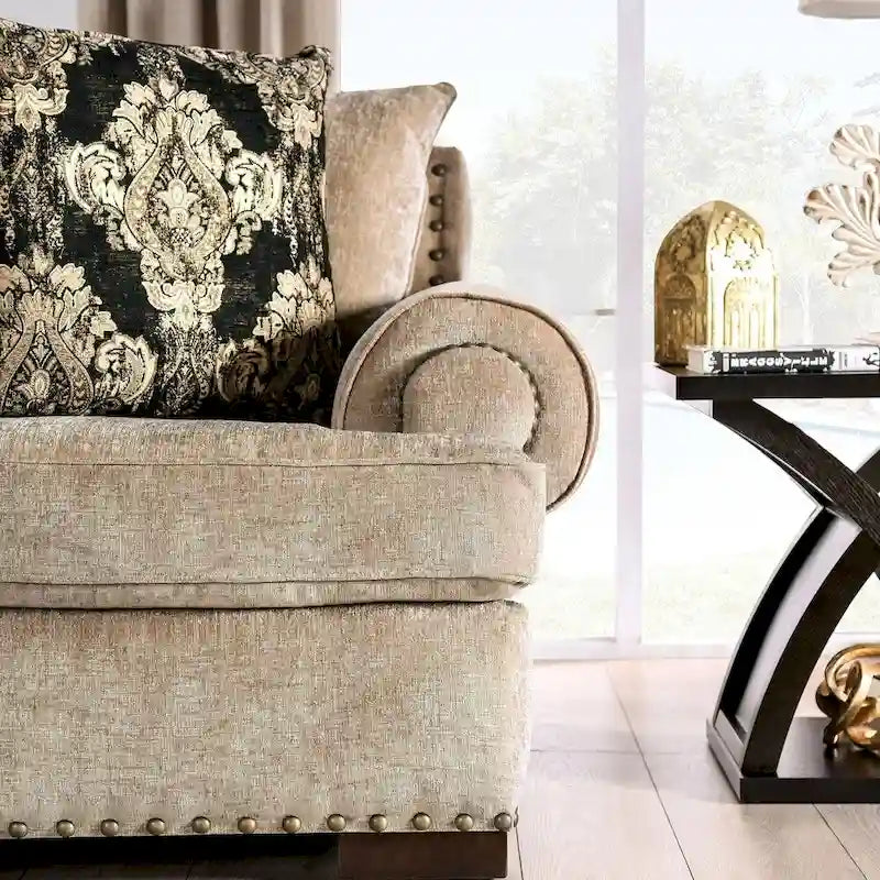 Jula Traditional Linen 2-Piece Sofa Set – Rolled Arms, Nailhead Trim, Beige or Brown