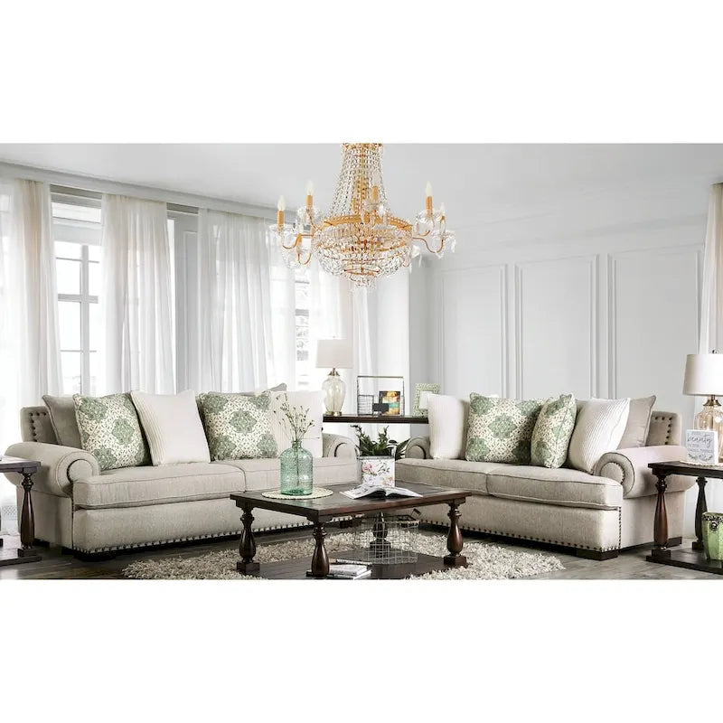 Jula Traditional Linen 2-Piece Sofa Set – Rolled Arms, Nailhead Trim, Beige or Brown