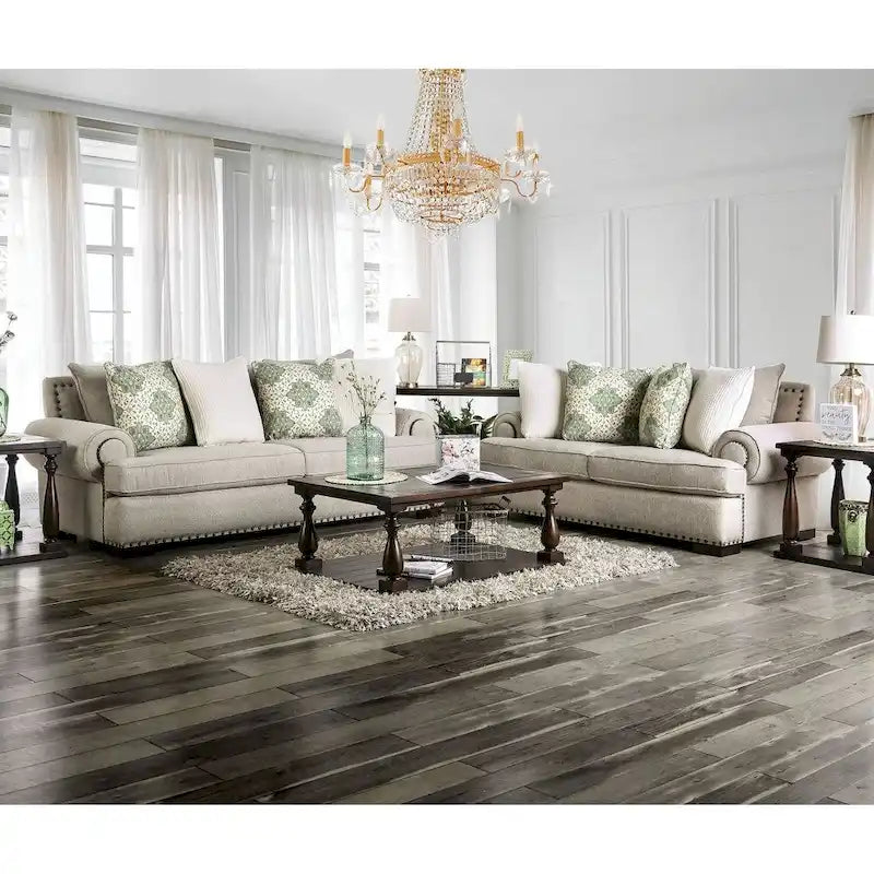 Jula Traditional Linen 2-Piece Sofa Set – Rolled Arms, Nailhead Trim, Beige or Brown