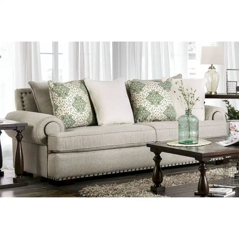 Jula Traditional Linen 2-Piece Sofa Set – Rolled Arms, Nailhead Trim, Beige or Brown