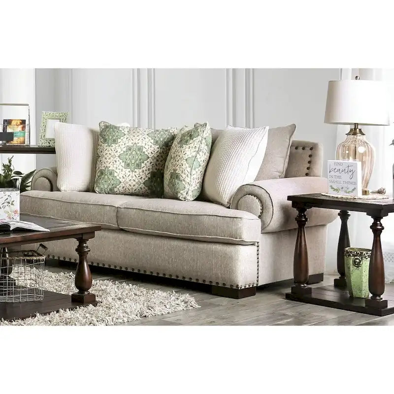 Jula Traditional Linen 2-Piece Sofa Set – Rolled Arms, Nailhead Trim, Beige or Brown