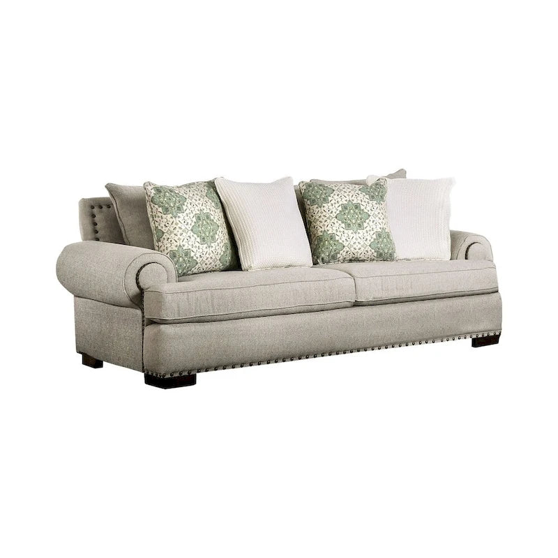 Jula Traditional Linen 2-Piece Sofa Set – Rolled Arms, Nailhead Trim, Beige or Brown