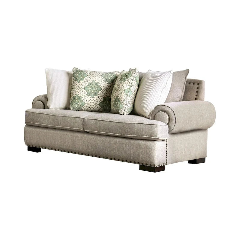 Jula Traditional Linen 2-Piece Sofa Set – Rolled Arms, Nailhead Trim, Beige or Brown