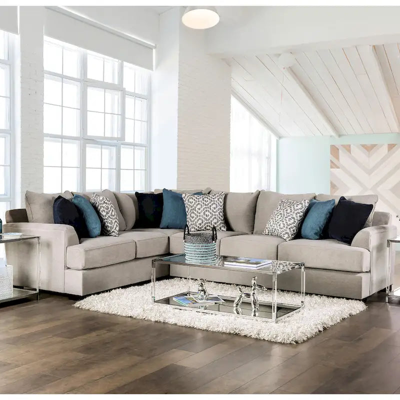 Ilka Transitional Chenille L-Shaped Sectional – Flared Arms, Seats 5, Beige or Grey
