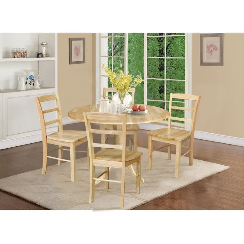 42" Drop Leaf Dining Table with 4 Ladderback Chairs – Solid Hardwood 5-Piece Set