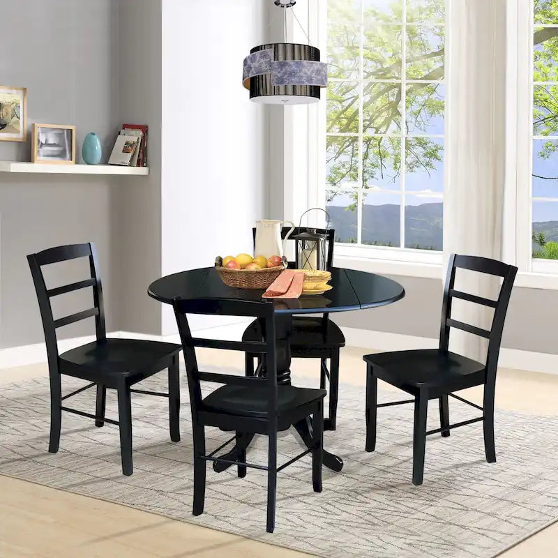 42" Drop Leaf Dining Table with 4 Ladderback Chairs – Solid Hardwood 5-Piece Set