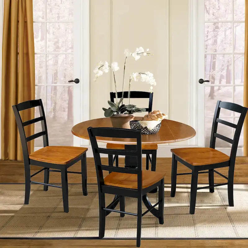 42" Drop Leaf Dining Table with 4 Ladderback Chairs – Solid Hardwood 5-Piece Set