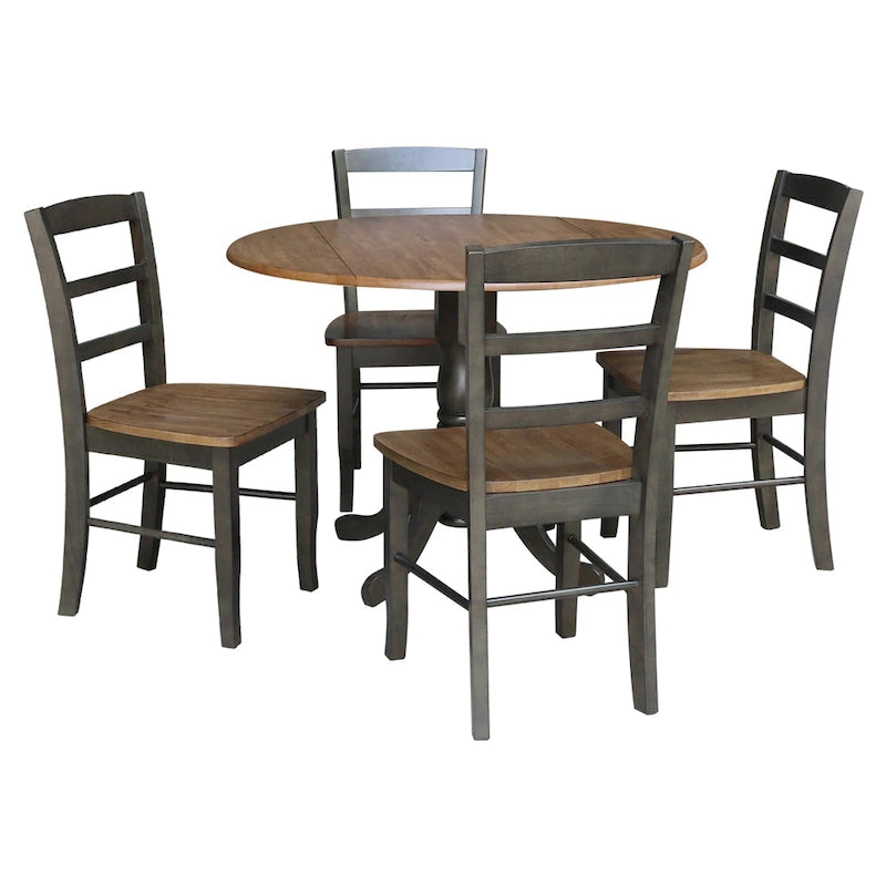 42" Drop Leaf Dining Table with 4 Ladderback Chairs – Solid Hardwood 5-Piece Set