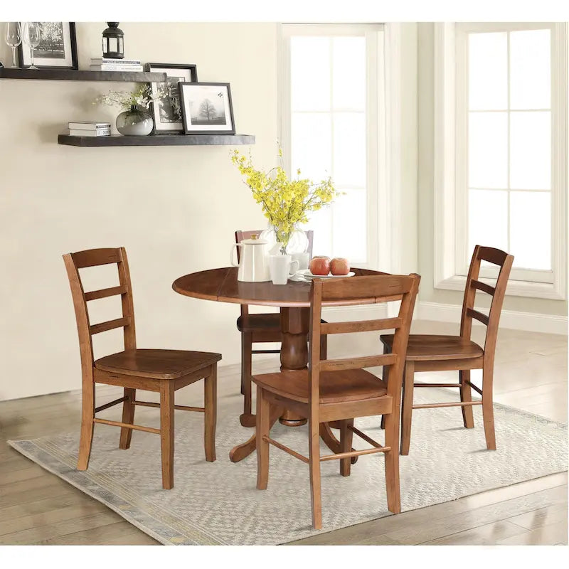 42" Drop Leaf Dining Table with 4 Ladderback Chairs – Solid Hardwood 5-Piece Set