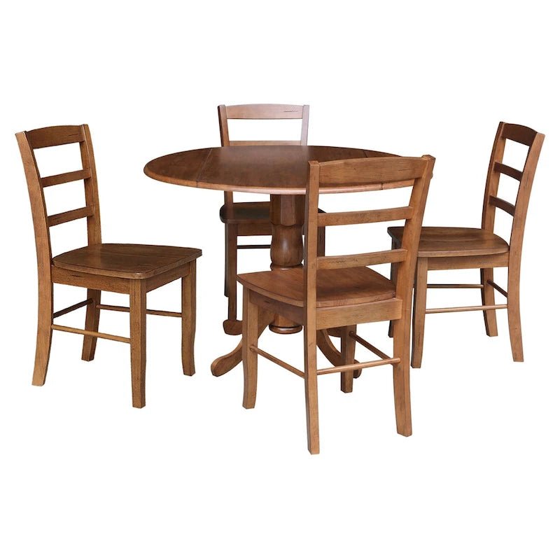 42" Drop Leaf Dining Table with 4 Ladderback Chairs – Solid Hardwood 5-Piece Set