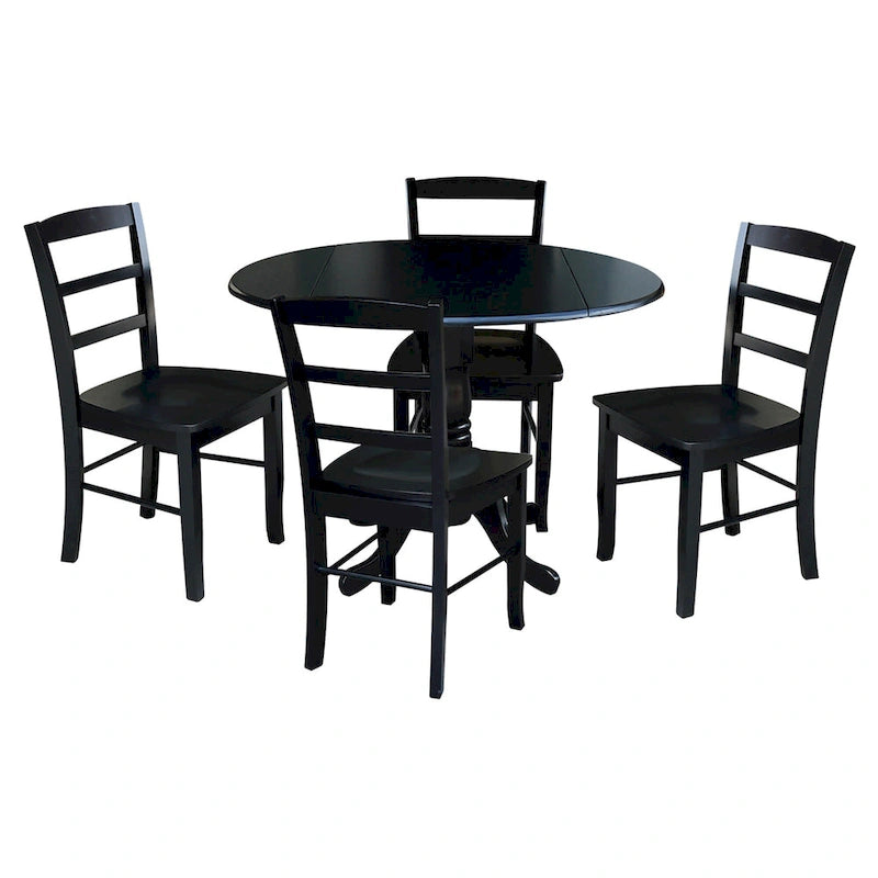42" Drop Leaf Dining Table with 4 Ladderback Chairs – Solid Hardwood 5-Piece Set