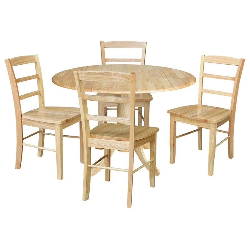 42" Drop Leaf Dining Table with 4 Ladderback Chairs – Solid Hardwood 5-Piece Set