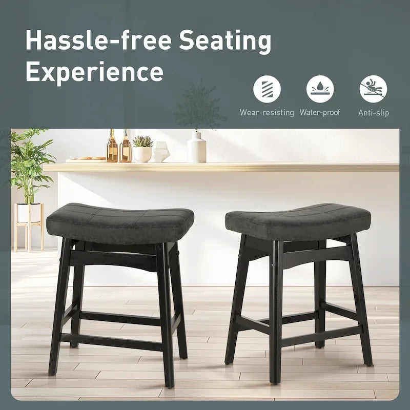 24 Inch Solid Wood Barstools with Linen / PU Leather Fabric Cushion, Set of 2
