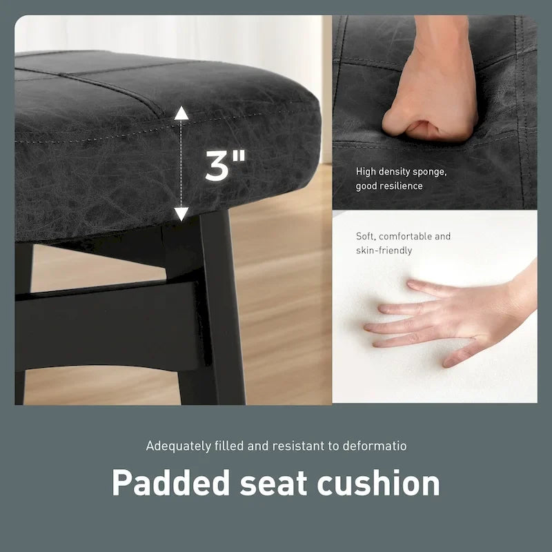 24 Inch Solid Wood Barstools with Linen / PU Leather Fabric Cushion, Set of 2
