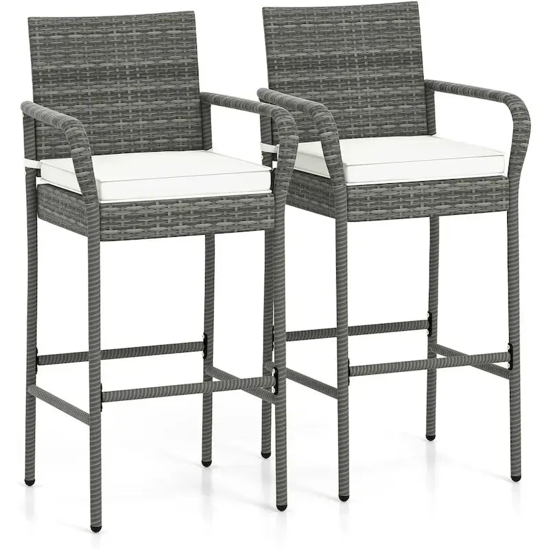 2/4 Pack Outdoor Bar Chairs Set Rattan Bar Stools w/ Seat Cushions