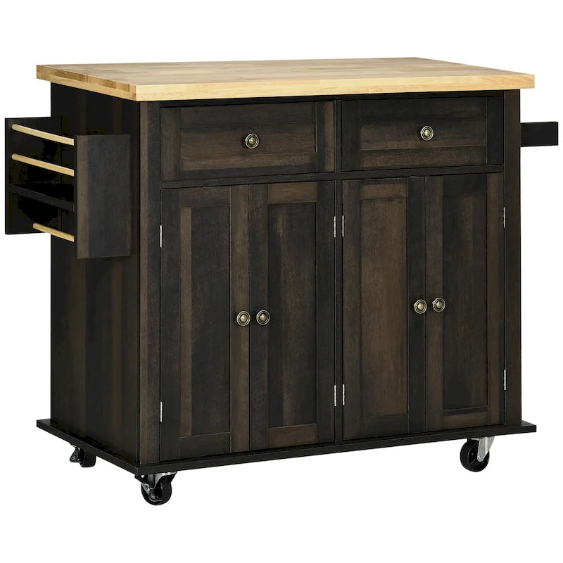 HOMCOM Kitchen Island on Wheels, Rolling Cart with Rubberwood Top, Spice Rack, Towel Rack and Drawers for Dining Room, Brown Oak