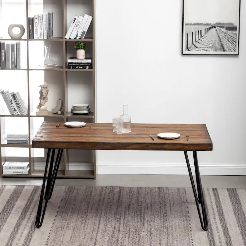 Industrial Metal Hairpin Design Dining Table, Rustic Dark Pine