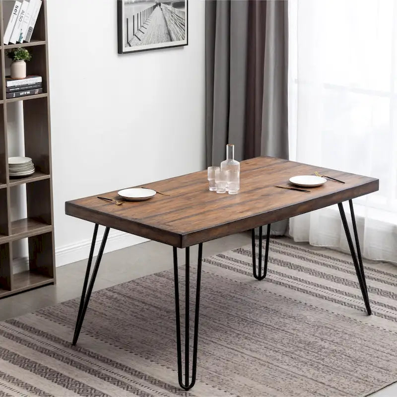 Industrial Metal Hairpin Design Dining Table, Rustic Dark Pine