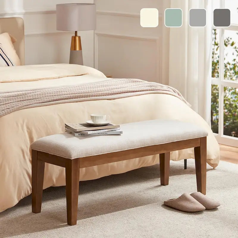 Upholstered Fabric Entryway Bench, Bedroom Bench for End of Bed Beige, Solid Wood 44-inch