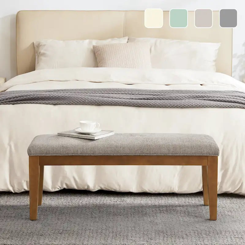 Upholstered Fabric Entryway Bench, Bedroom Bench for End of Bed Beige, Solid Wood 44-inch