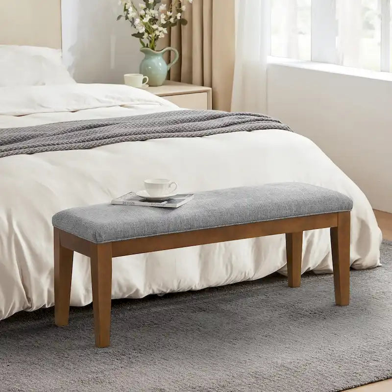 Upholstered Fabric Entryway Bench, Bedroom Bench for End of Bed Beige, Solid Wood 44-inch
