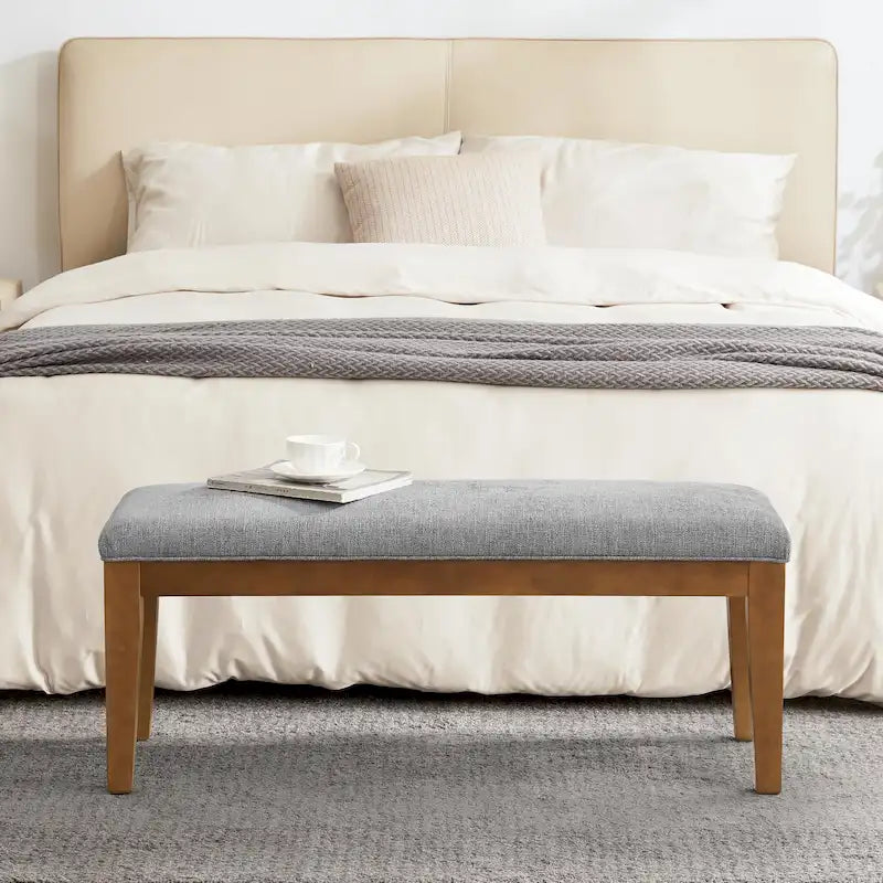 Upholstered Fabric Entryway Bench, Bedroom Bench for End of Bed Beige, Solid Wood 44-inch