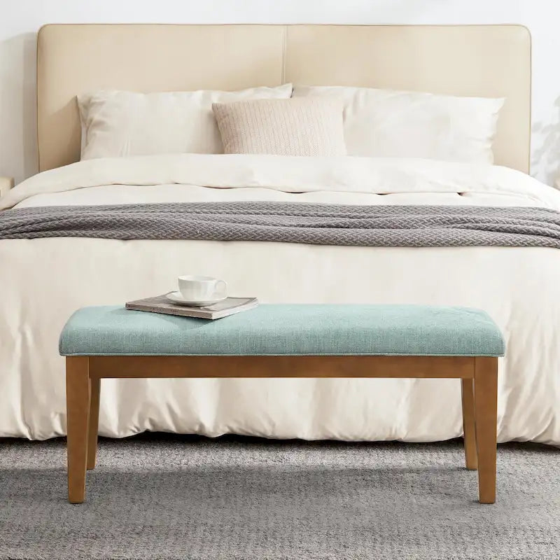 Upholstered Fabric Entryway Bench, Bedroom Bench for End of Bed Beige, Solid Wood 44-inch