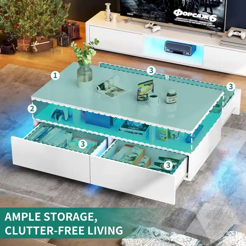 Moasis Modern Coffee Table with Storage High Glossy LED for Living Room