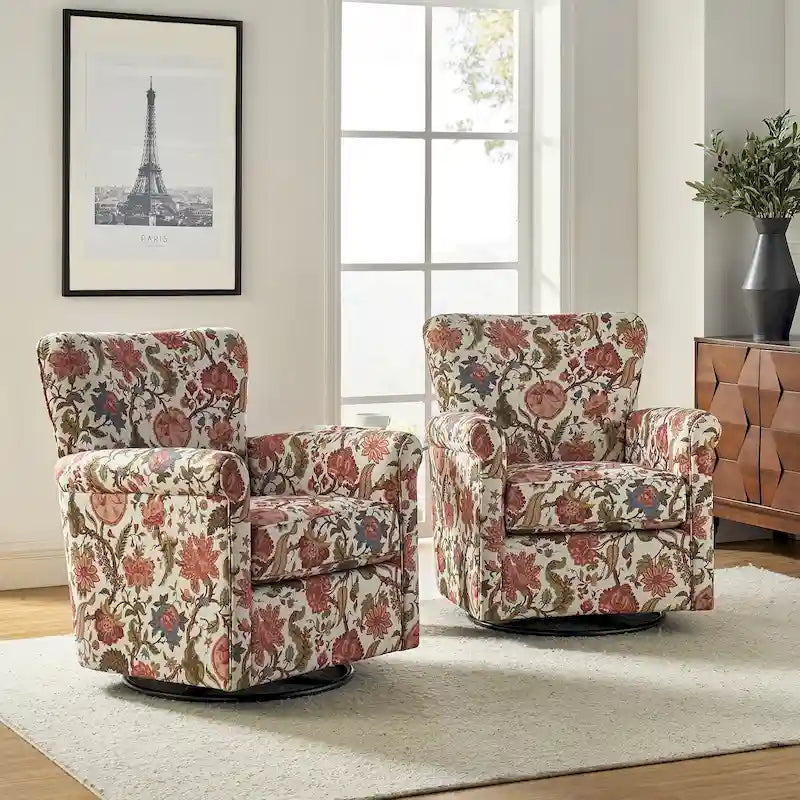 Georg Comfortable Floral Fabric Swivel Rocker Chair with Rolled Armrest Set of 2 by HULALA HOME