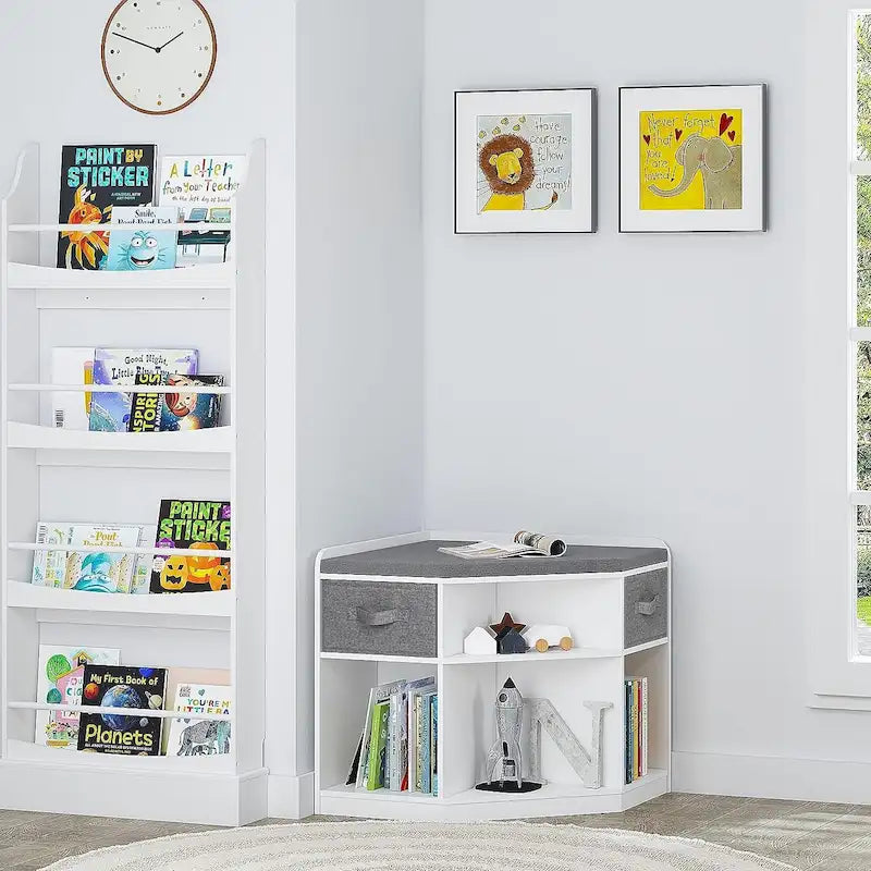 UTEX Corner Reading Nook, Bench with Storage, Corner Cabinet with 3 Cubbies for Living Room, Bedroom, White