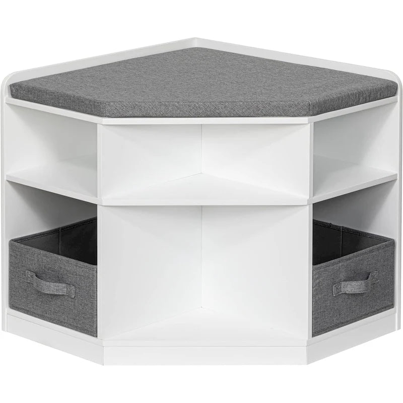 UTEX Corner Reading Nook, Bench with Storage, Corner Cabinet with 3 Cubbies for Living Room, Bedroom, White