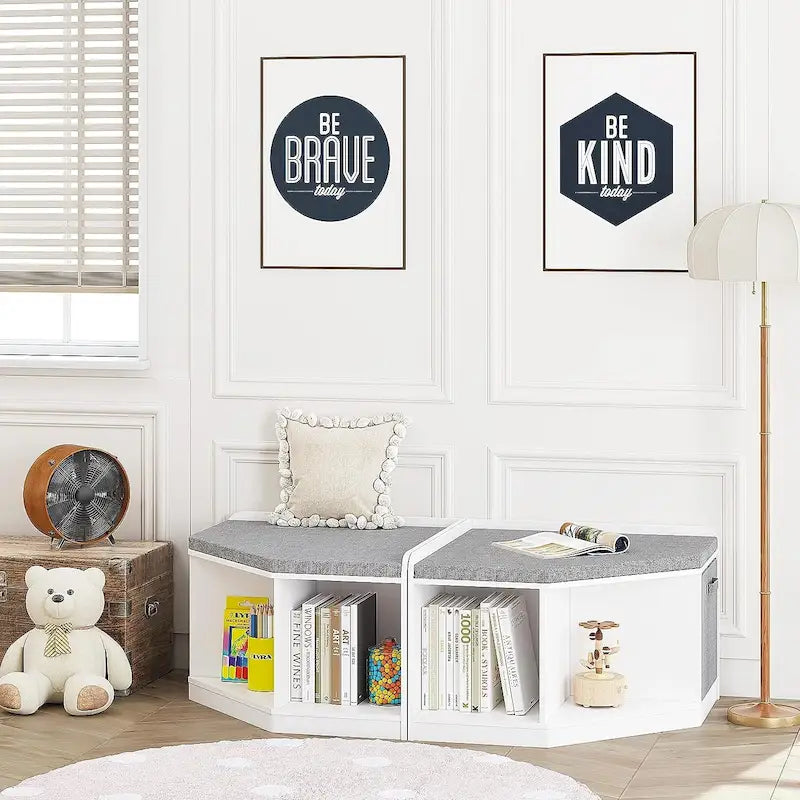 UTEX Corner Reading Nook, Bench with Storage, Corner Cabinet with 3 Cubbies for Living Room, Bedroom, White