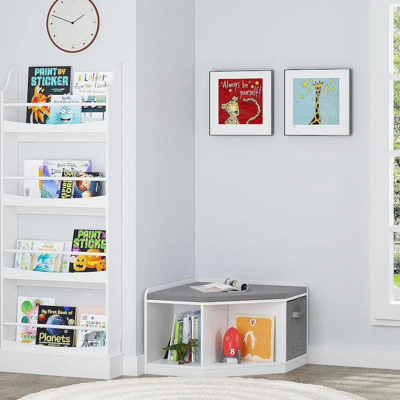 UTEX Corner Reading Nook, Bench with Storage, Corner Cabinet with 3 Cubbies for Living Room, Bedroom, White