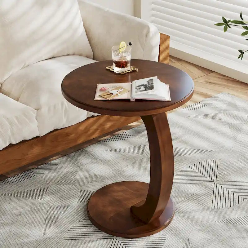 Round End Table, Wood C-Shaped Side Table, Vintage Couch Side Table