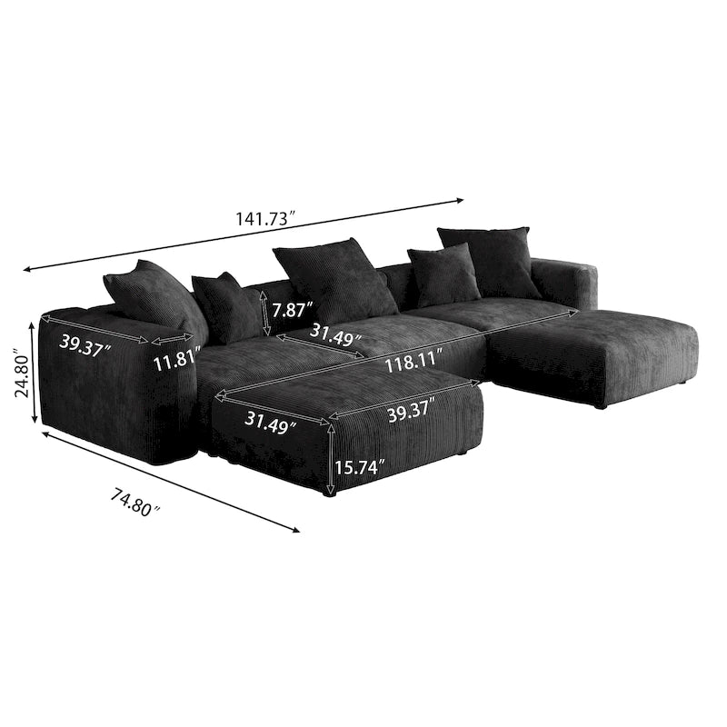 141.73 Modular Sectional Sofa, Corduroy U Shaped Sofa Couch with Ottomans